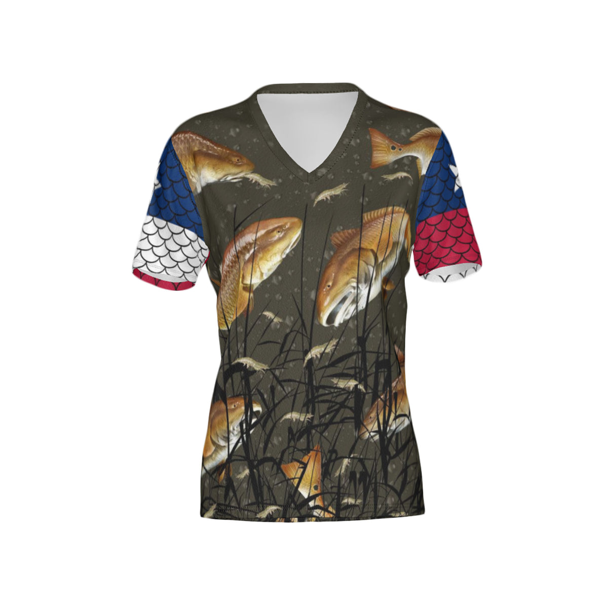 Texas Edition-Women Bull Redfish Performance UPF+50 V-Neck Short Sleeve Shirt