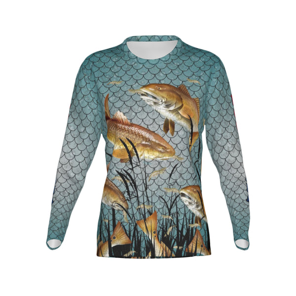 Women Louisiana Bull Redfish Feeding Frenzy Performance UPF+50 Crew Neck Long Sleeve Shirt