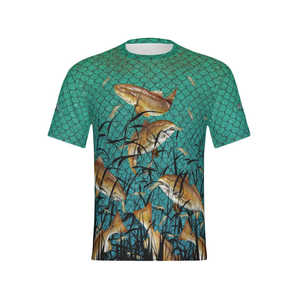 Men Florida Bull Redfish Feeding Frenzy Performance UPF+50 Short Sleeve Shirt