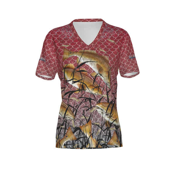 Women Alabama Bull Redfish Feeding Frenzy Performance UPF+50 V-Neck Short Sleeve Shirt