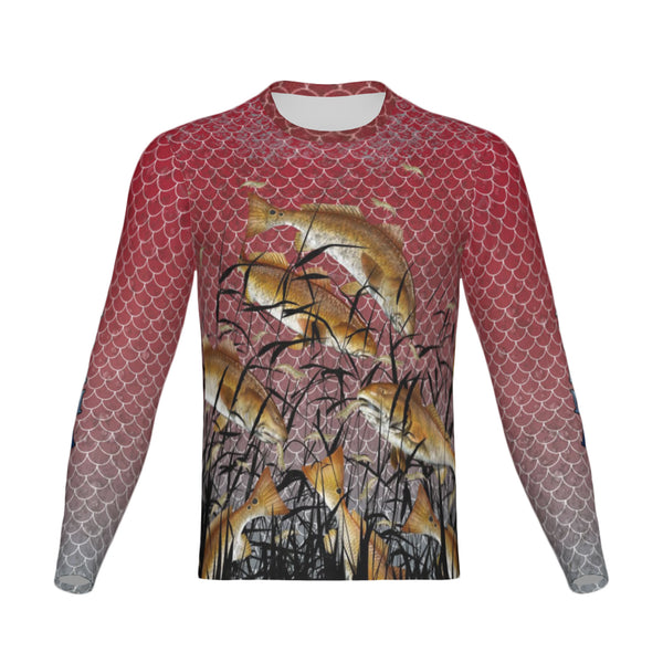 Men Alabama Bull Redfish Feeding Frenzy Performance UPF+50 Long Sleeve Shirt