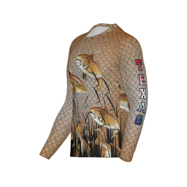 Men Texas Bull Redfish Feeding Frenzy Performance UPF+50 Long Sleeve Shirt
