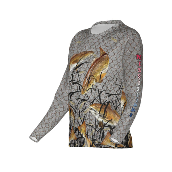 Women Mississippi Bull Redfish Feeding Frenzy Performance UPF+50 Crew Neck Long Sleeve Shirt