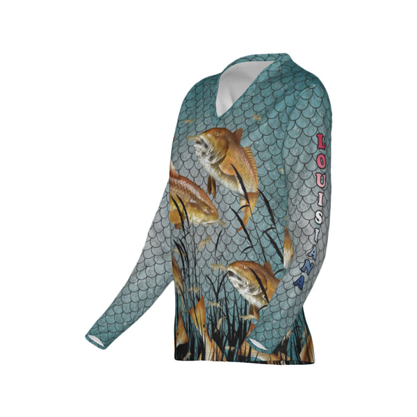 Women Louisiana Bull Redfish Feeding Frenzy Performance UPF+50 V-Neck Long Sleeve Shirt