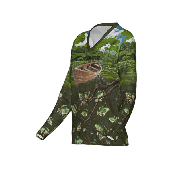 Women Crappie Fishing on a Pirogue Performance UPF+50 V-Neck Long Sleeve Shirt