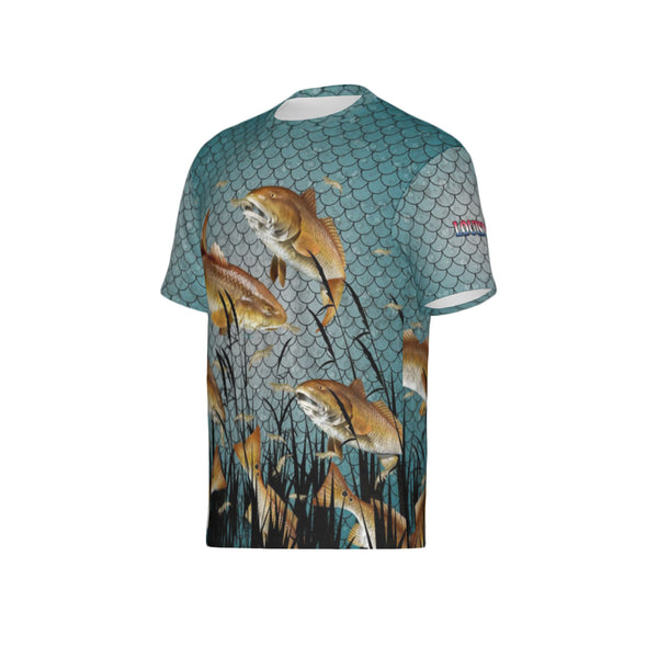 Men Louisiana Bull Redfish Feeding Frenzy Performance UPF+50 Short Sleeve Shirt
