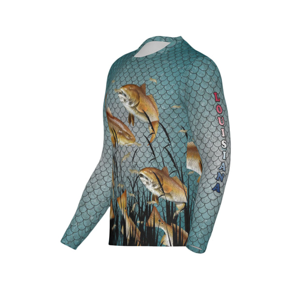 Men Louisiana Bull Redfish Feeding Frenzy Performance UPF+50 Long Sleeve Shirt