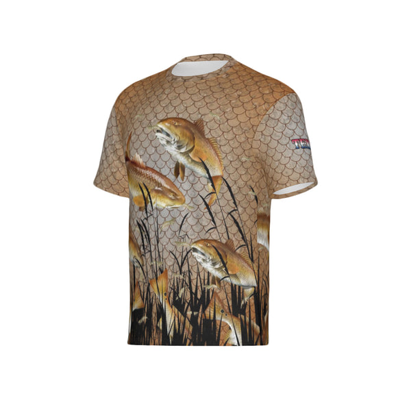 Men Texas Bull Redfish Feeding Frenzy Performance UPF+50 Short Sleeve Shirt