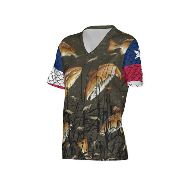 Texas Edition-Women Bull Redfish Performance UPF+50 V-Neck Short Sleeve Shirt