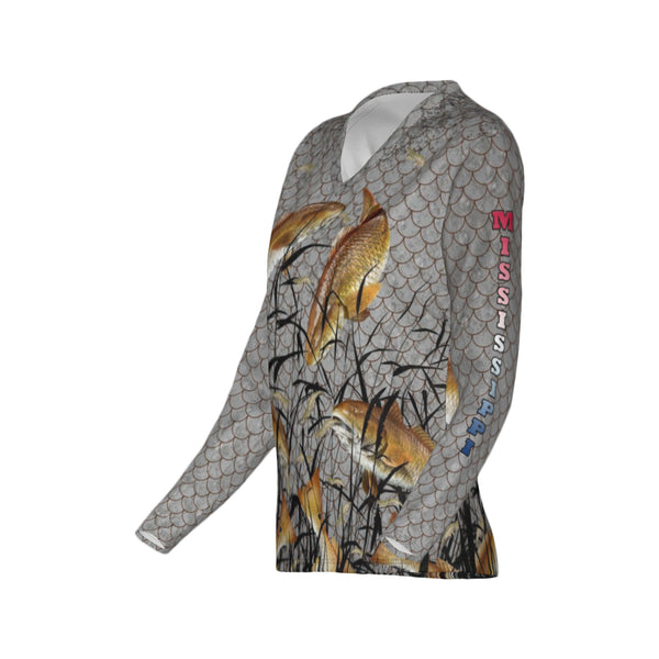Women Mississippi Bull Redfish Feeding Frenzy Performance UPF+50 V-Neck Long Sleeve Shirt