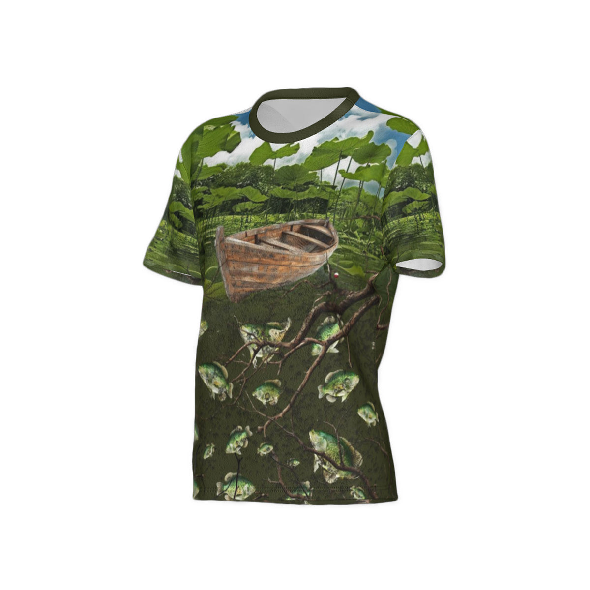 Women Crappie Fishing on a Pirogue Performance UPF+50 Crew Neck Short Sleeve Shirt
