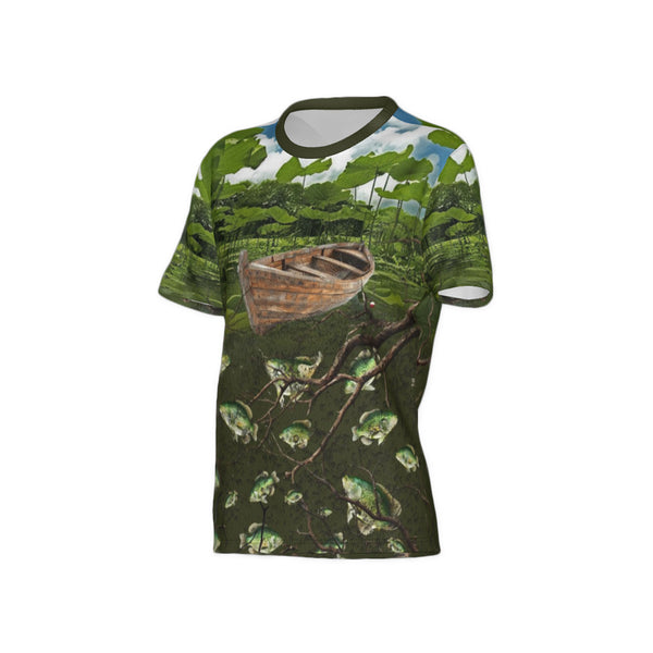 Women Crappie Fishing on a Pirogue Performance UPF+50 Crew Neck Short Sleeve Shirt