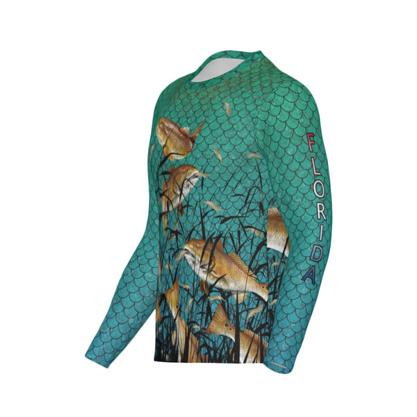Men Florida Bull Redfish Feeding Frenzy Performance UPF+50 Long Sleeve Shirt