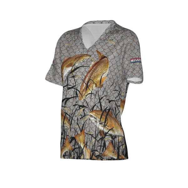 Women Mississippi Bull Redfish Feeding Frenzy Performance UPF+50 V-Neck Short Sleeve Shirt