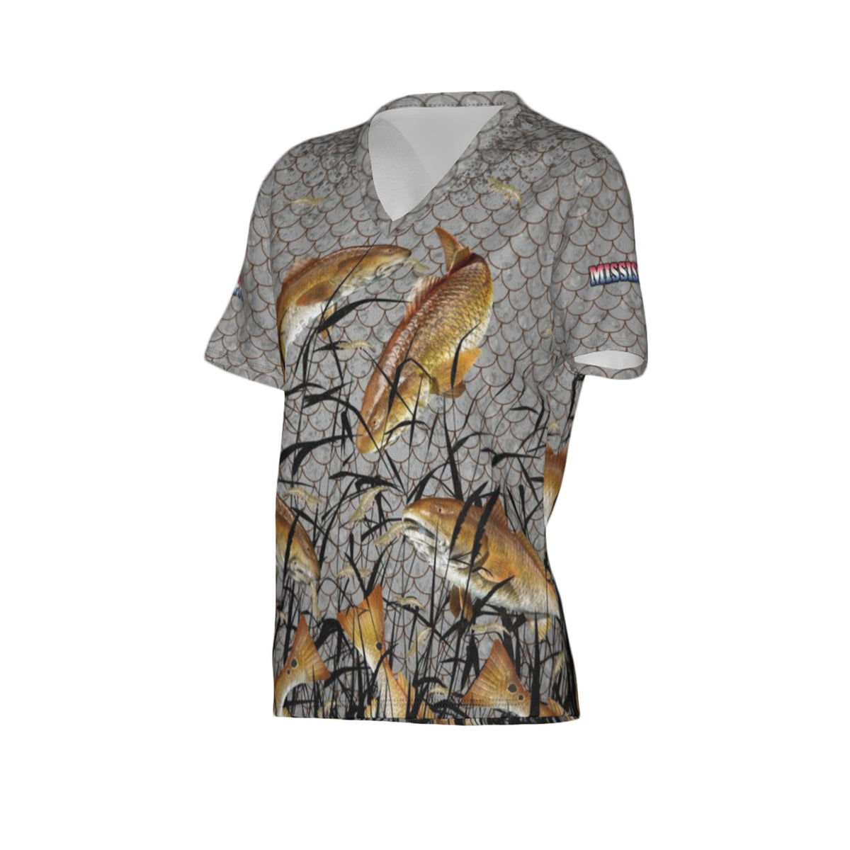 Women Mississippi Bull Redfish Feeding Frenzy Performance UPF+50 V-Neck Short Sleeve Shirt