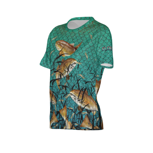 Women Florida Bull Redfish Feeding Frenzy Performance UPF+50 Crew Neck Short Sleeve Shirt