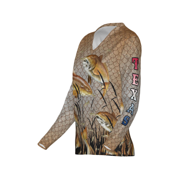 Women Texas Bull Redfish Feeding Frenzy Performance UPF+50 V-Neck Long Sleeve Shirt