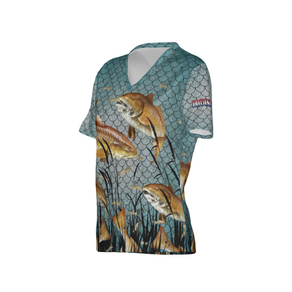 Women Louisiana Bull Redfish Feeding Frenzy Performance UPF+50 V-Neck Short Sleeve Shirt