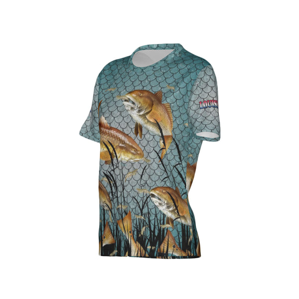 Women Louisiana Bull Redfish Feeding Frenzy Performance UPF+50 Crew Neck Short Sleeve Shirt