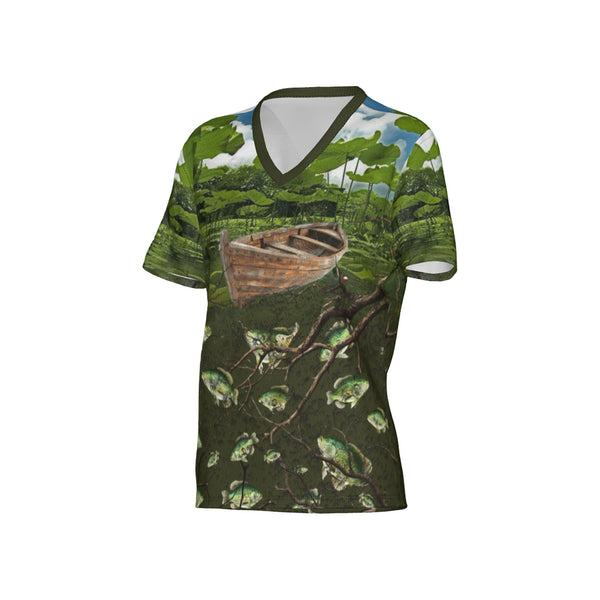 Women Crappie Fishing on a Pirogue Performance UPF+50 V-Neck Short Sleeve Shirt