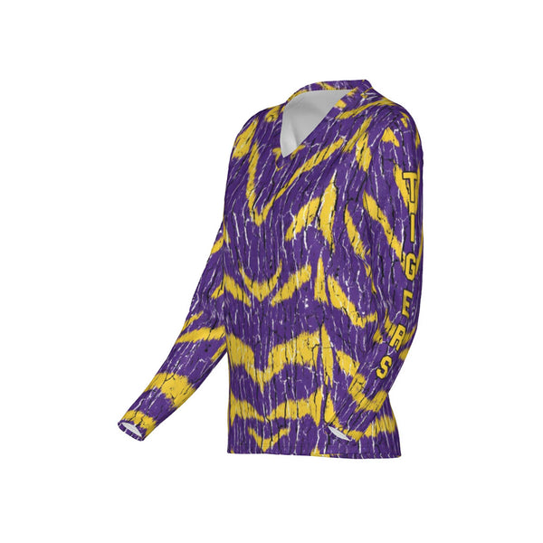 Women Purple and Gold Tigers Performance UPF+50 V-Neck Long Sleeve Shirt
