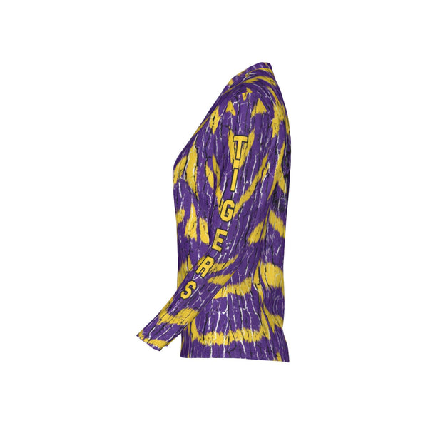 Women Purple and Gold Tigers Performance UPF+50 V-Neck Long Sleeve Shirt