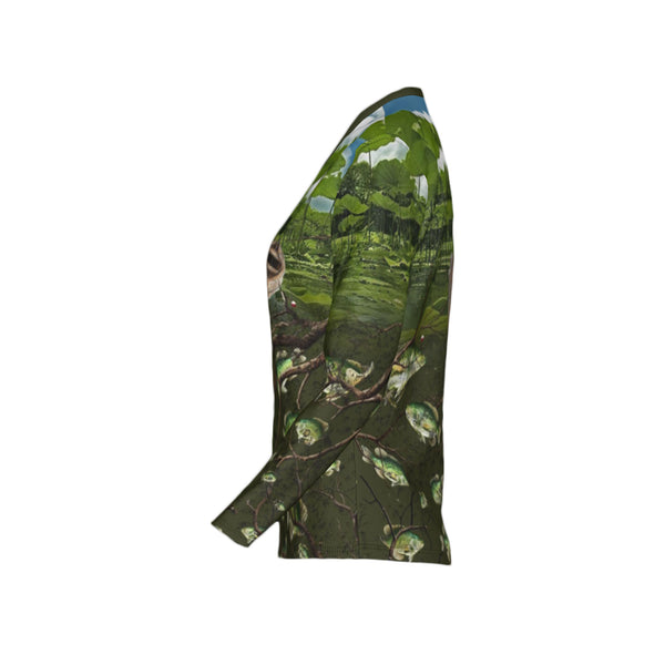 Women Crappie Fishing on a Pirogue Performance UPF+50 V-Neck Long Sleeve Shirt
