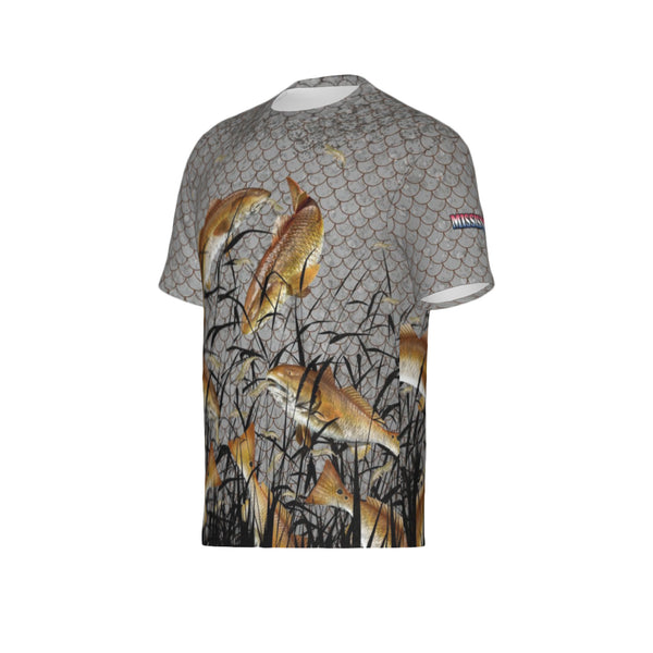 Men Mississippi Bull Redfish Feeding Frenzy Performance UPF+50 Short Sleeve Shirt