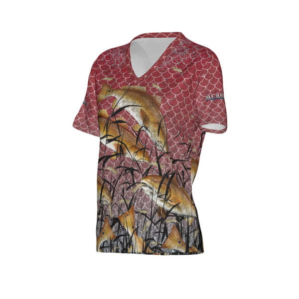 Women Alabama Bull Redfish Feeding Frenzy Performance UPF+50 V-Neck Short Sleeve Shirt