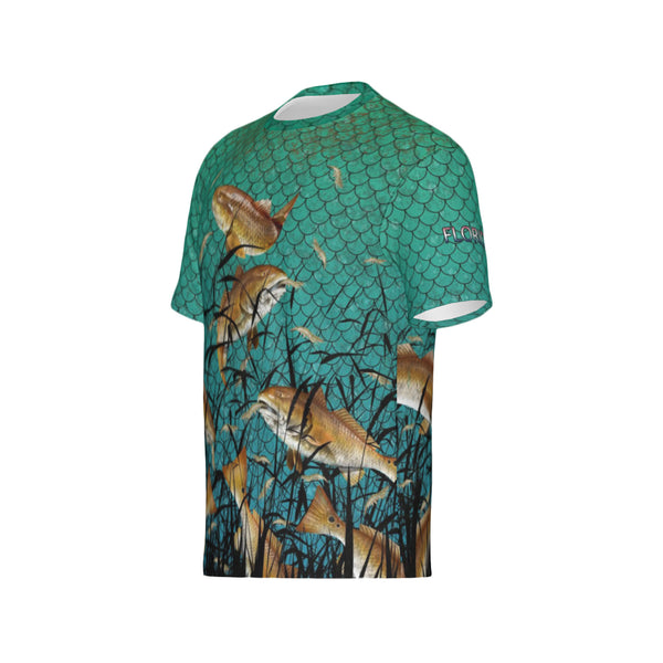Men Florida Bull Redfish Feeding Frenzy Performance UPF+50 Short Sleeve Shirt