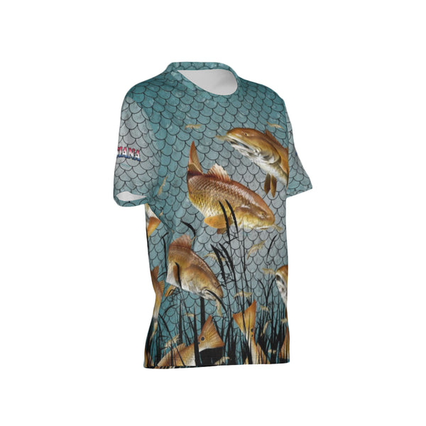 Women Louisiana Bull Redfish Feeding Frenzy Performance UPF+50 Crew Neck Short Sleeve Shirt