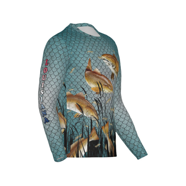 Men Louisiana Bull Redfish Feeding Frenzy Performance UPF+50 Long Sleeve Shirt