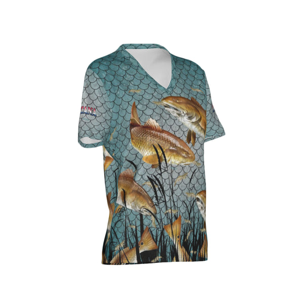 Women Louisiana Bull Redfish Feeding Frenzy Performance UPF+50 V-Neck Short Sleeve Shirt