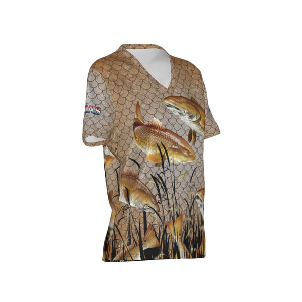 Women Texas Bull Redfish Feeding Frenzy Performance UPF+50 V-Neck Short Sleeve Shirt