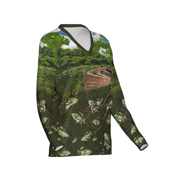 Women Crappie Fishing on a Pirogue Performance UPF+50 V-Neck Long Sleeve Shirt