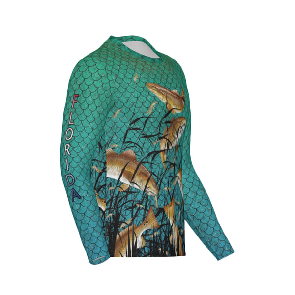 Men Florida Bull Redfish Feeding Frenzy Performance UPF+50 Long Sleeve Shirt