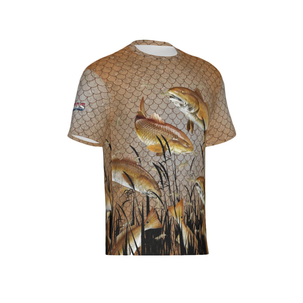 Men Texas Bull Redfish Feeding Frenzy Performance UPF+50 Short Sleeve Shirt