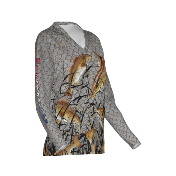 Women Mississippi Bull Redfish Feeding Frenzy Performance UPF+50 V-Neck Long Sleeve Shirt