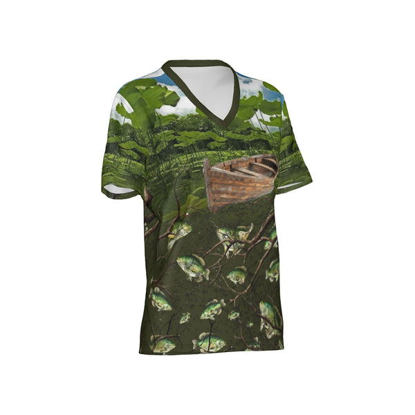 Women Crappie Fishing on a Pirogue Performance UPF+50 V-Neck Short Sleeve Shirt