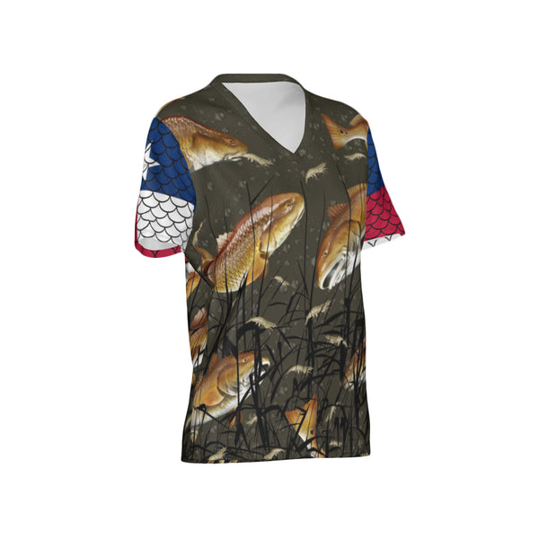 Texas Edition-Women Bull Redfish Performance UPF+50 V-Neck Short Sleeve Shirt