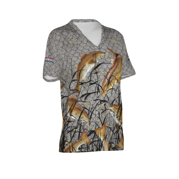 Women Mississippi Bull Redfish Feeding Frenzy Performance UPF+50 V-Neck Short Sleeve Shirt