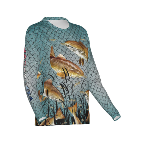 Women Louisiana Bull Redfish Feeding Frenzy Performance UPF+50 Crew Neck Long Sleeve Shirt