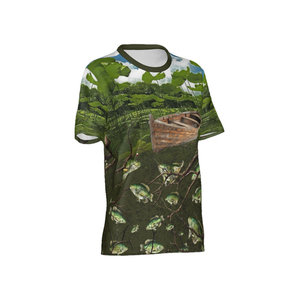 Women Crappie Fishing on a Pirogue Performance UPF+50 Crew Neck Short Sleeve Shirt