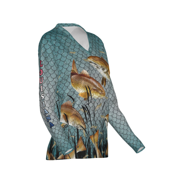 Women Louisiana Bull Redfish Feeding Frenzy Performance UPF+50 V-Neck Long Sleeve Shirt