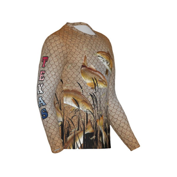 Men Texas Bull Redfish Feeding Frenzy Performance UPF+50 Long Sleeve Shirt