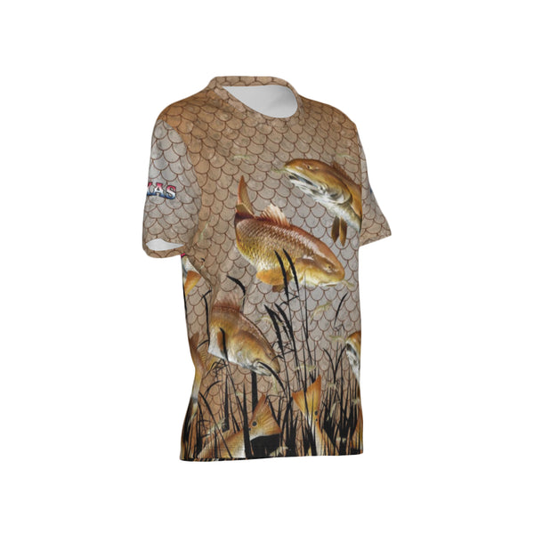 Women Texas Bull Redfish Feeding Frenzy Performance UPF+50 Crew Neck Short Sleeve Shirt