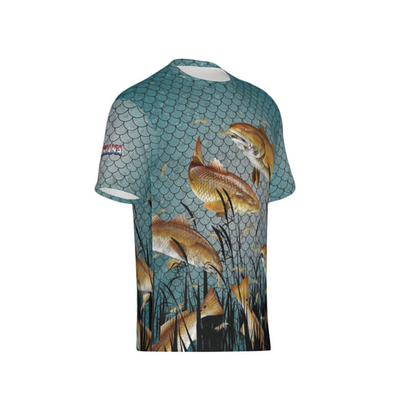 Men Louisiana Bull Redfish Feeding Frenzy Performance UPF+50 Short Sleeve Shirt
