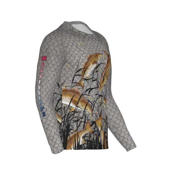 Men Mississippi Bull Redfish Feeding Frenzy Performance UPF+50 Long Sleeve Shirt