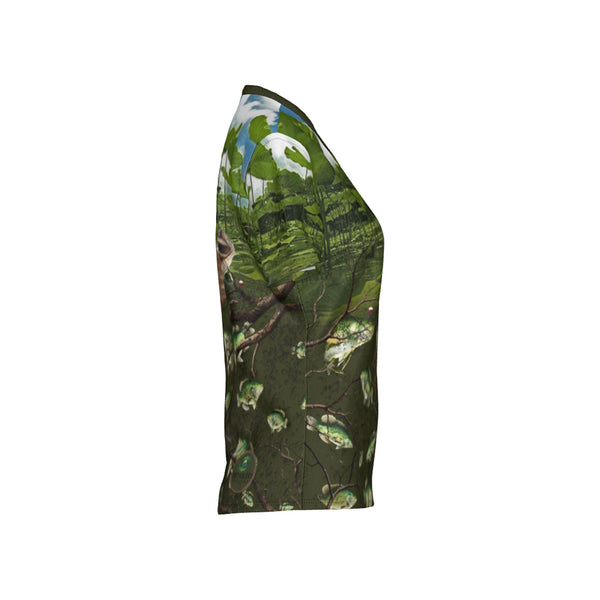 Women Crappie Fishing on a Pirogue Performance UPF+50 V-Neck Short Sleeve Shirt