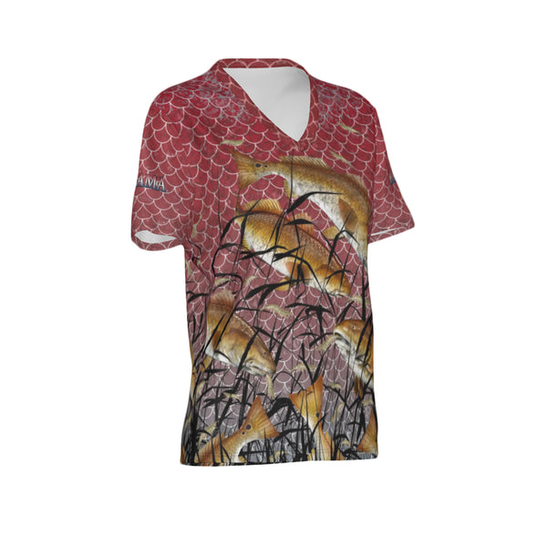 Women Alabama Bull Redfish Feeding Frenzy Performance UPF+50 V-Neck Short Sleeve Shirt